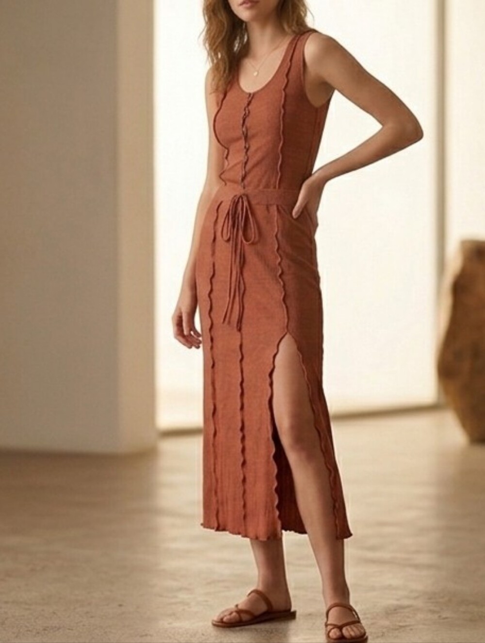 STUNNING Sleeveless Ribbed Midi Dress with Side Slit Rusted Color Sz XXL
